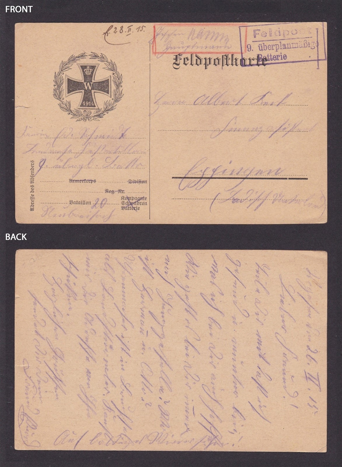 GERMANY 1915, Fieldpost card to Eppingen, WWI