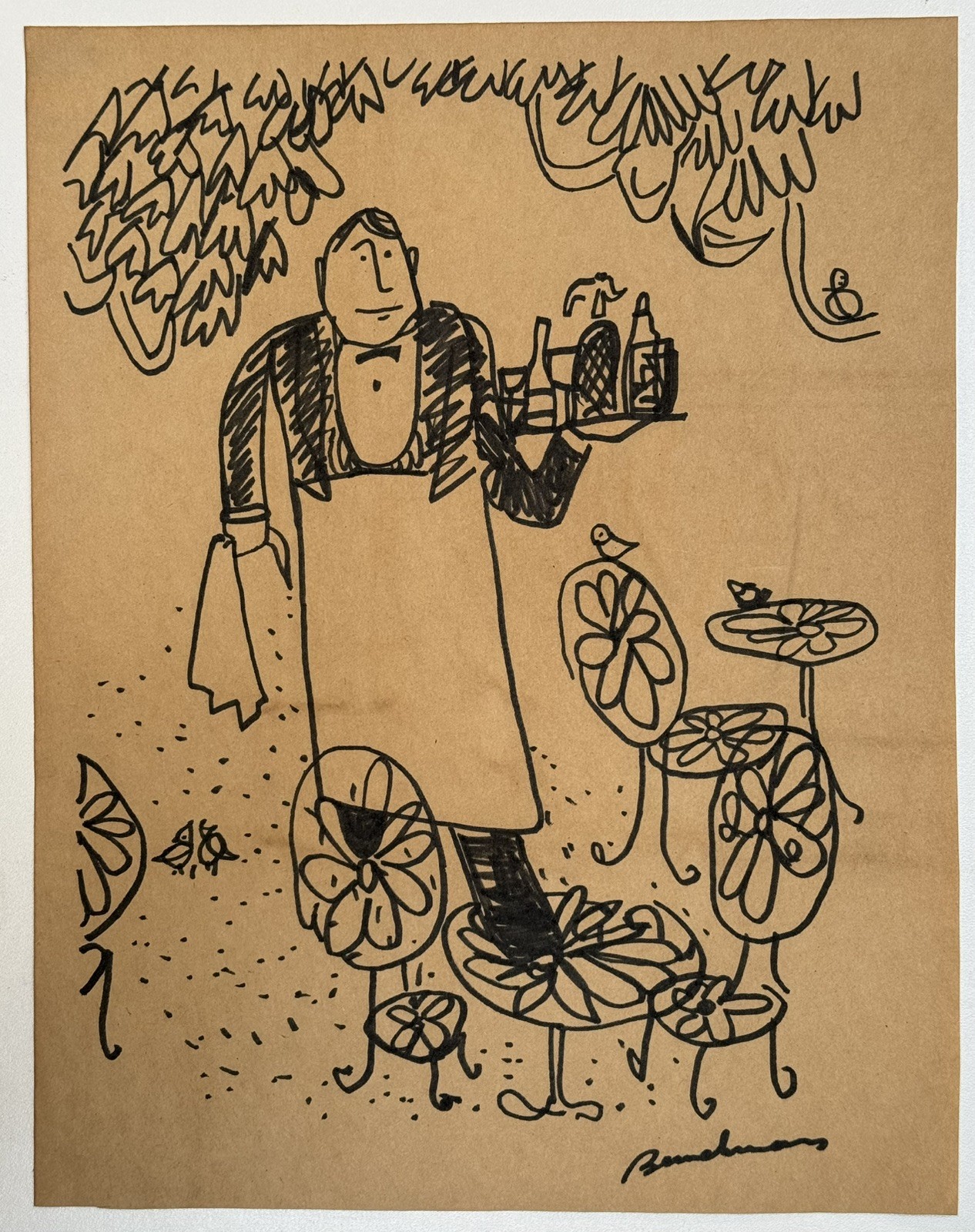 Ludwig Bemelmans (Handmade) Drawing On old Paper Signed & Stamped Mixed Media