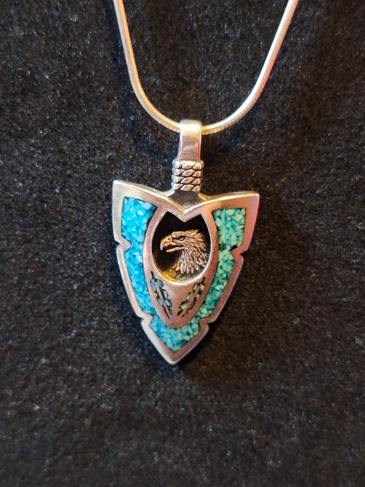 Sterling Silver Eagle arrowhead pendant necklace turquoise chip Inlay