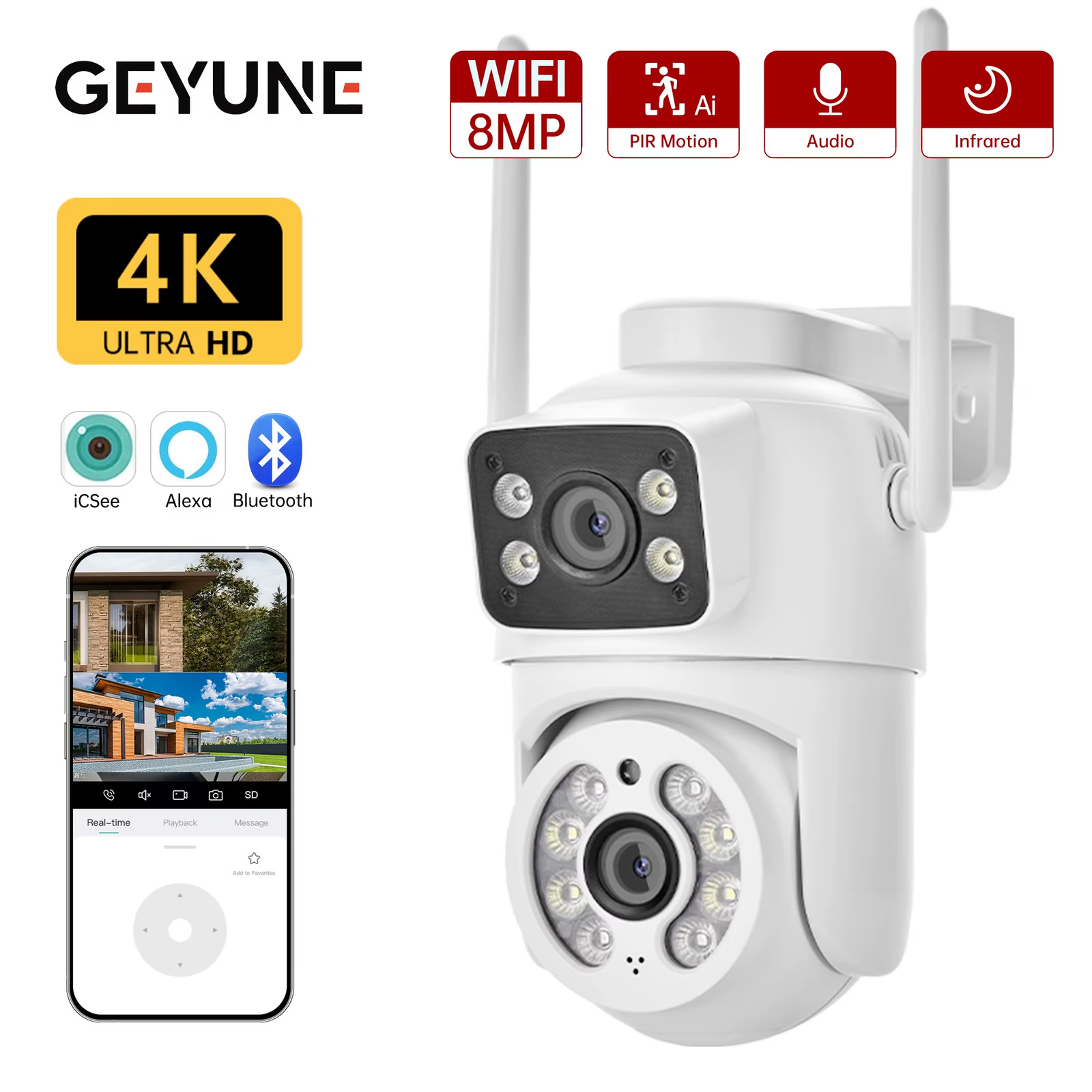 8MP 4K PTZ Wifi Camera Dual Lens with Dual Screen Ai Human Detect Auto Tracking 
