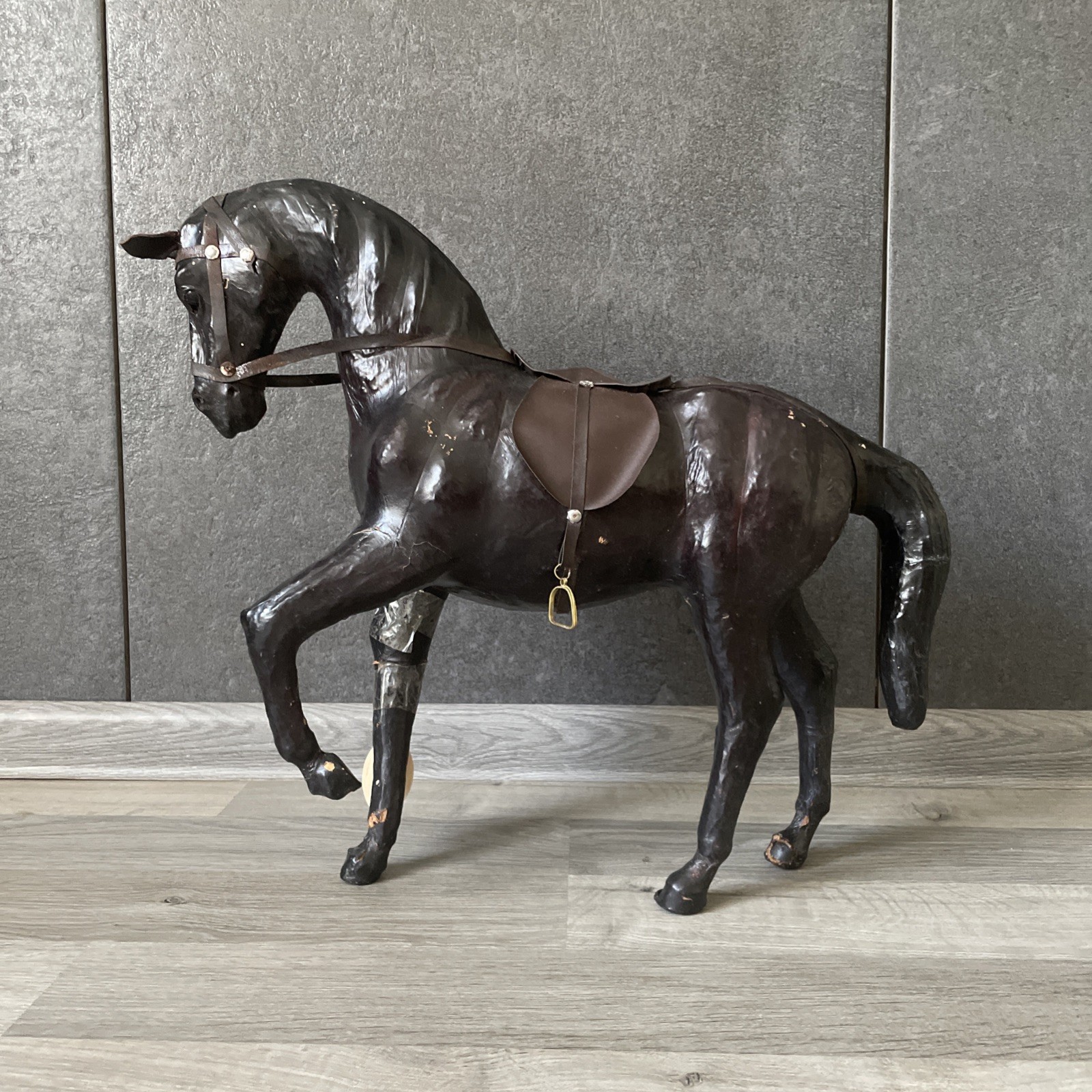 Large Vintage Horse papier mache Leather Wrapped Art Statue Equestrian Figurine 