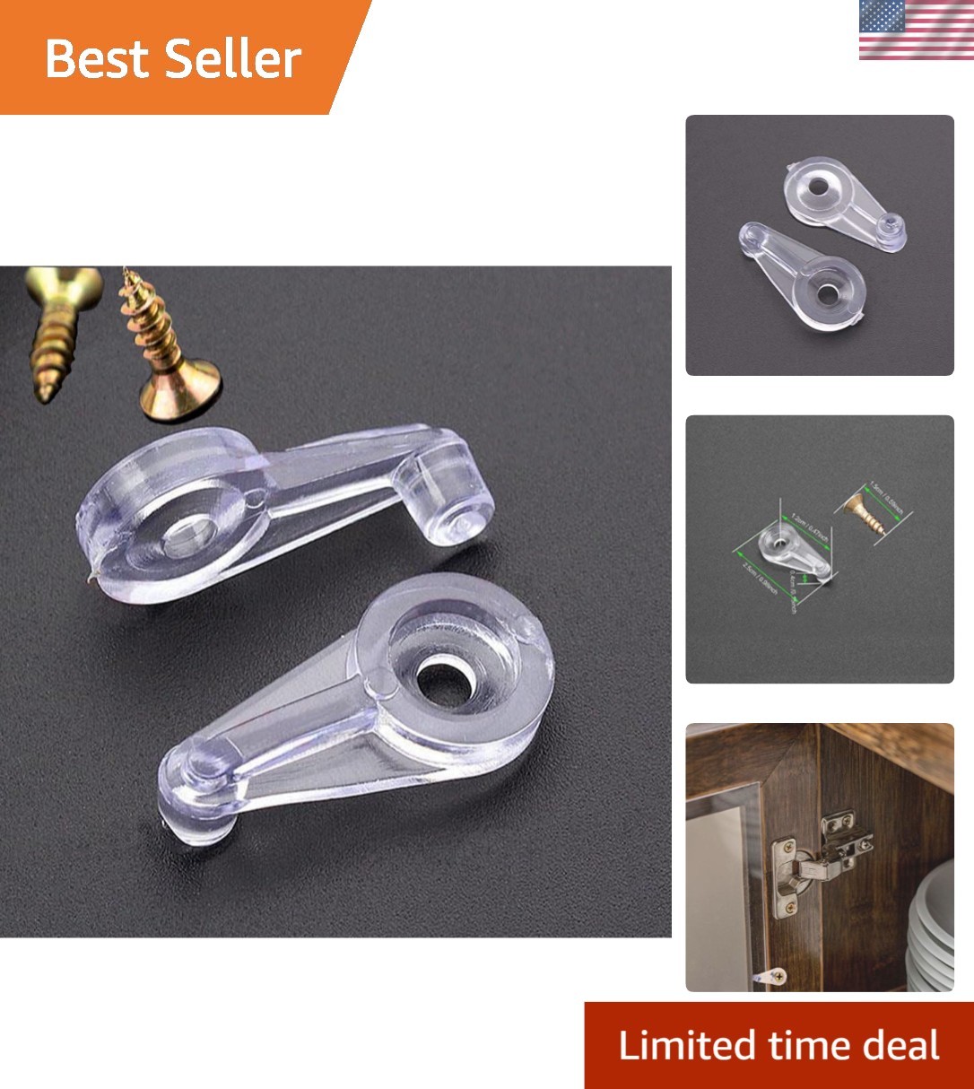 Clear Plastic Cabinet Door Glass Retainer Clips - 4mm Offset & Screws, 20 Pack