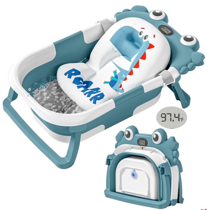 Collapsible Baby Bathtub for Newborns with Thermometer and Soft Floating Cush...