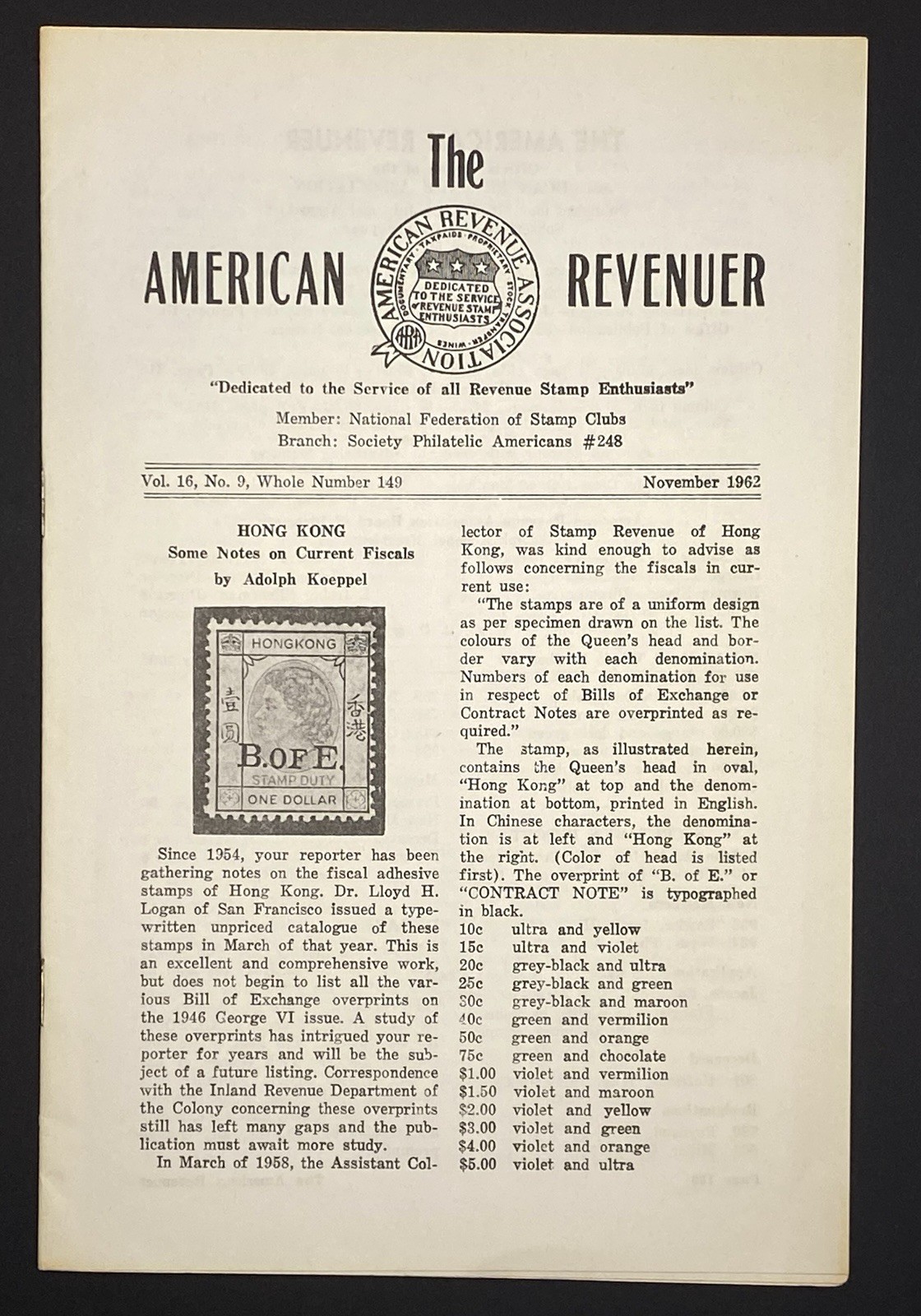 The American Revenuer Volume 16 No 9 Whole No 149 November 1962 Stamp Ephemera