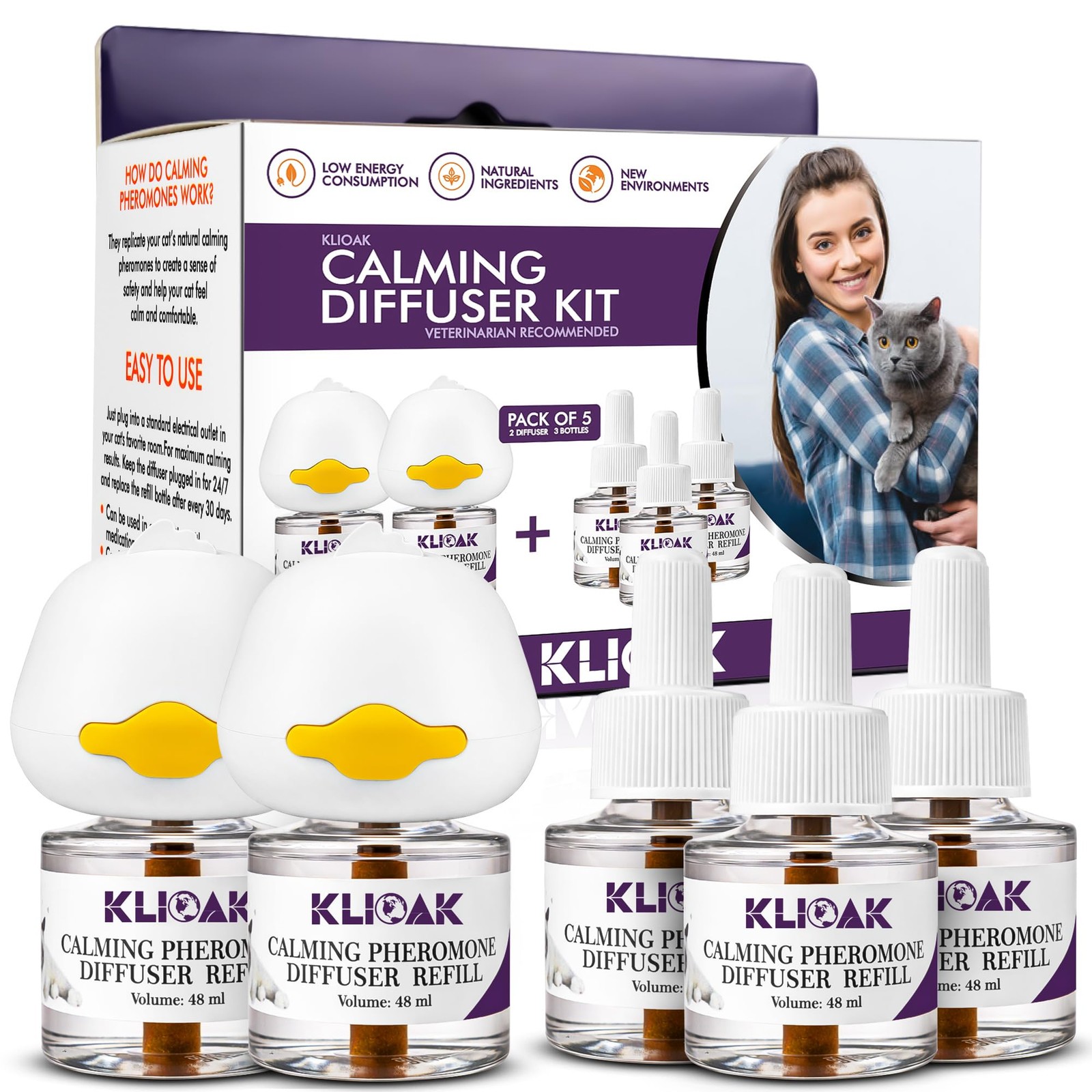 Cat Calming Diffuser 5 Pack Includes 2 Diffusers Machines & 3 Refills Pheromo...