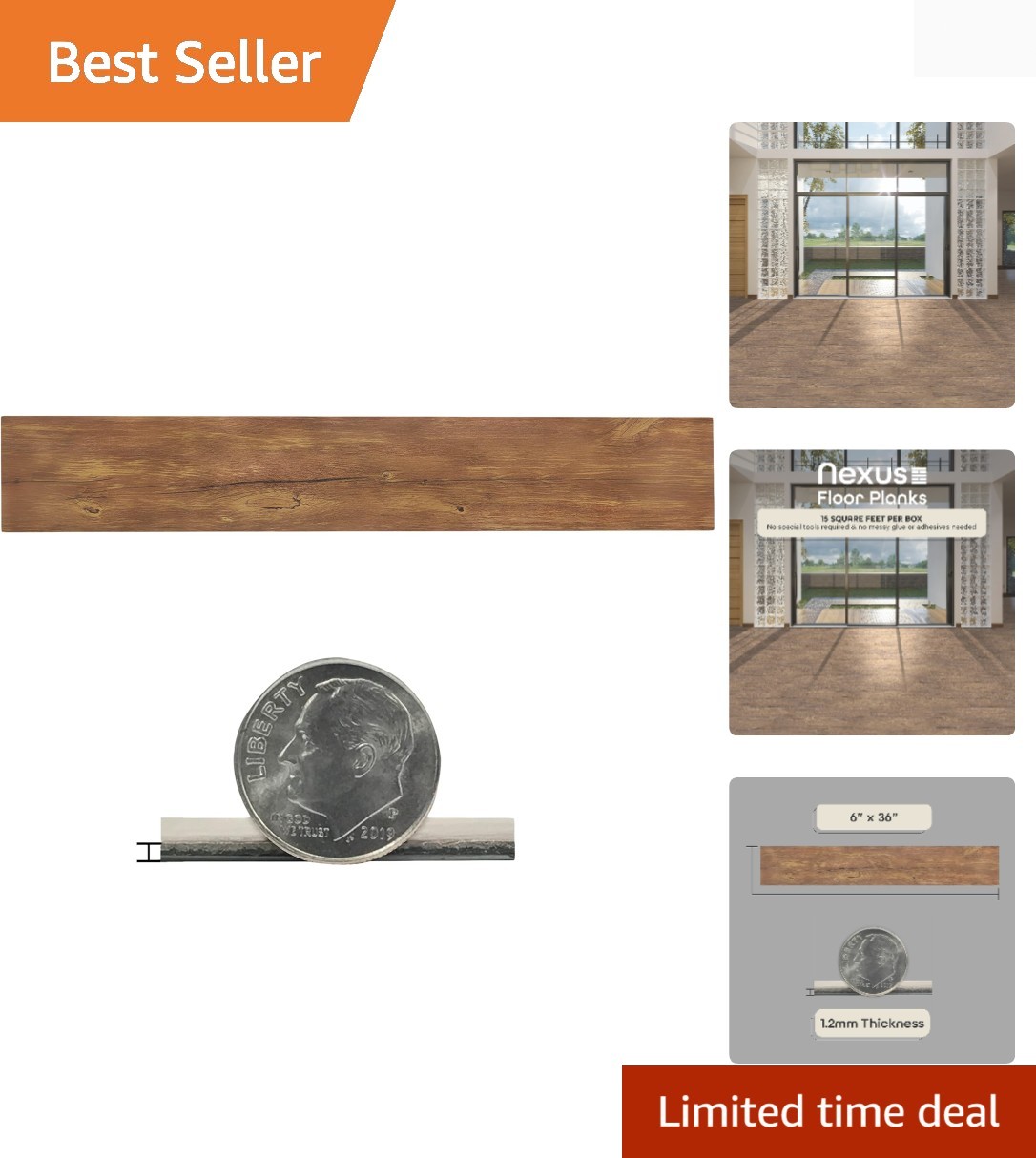 Self-Adhesive Vinyl Floor Tiles - 10 Planks, 15 Sq Ft, Easy DIY Installation