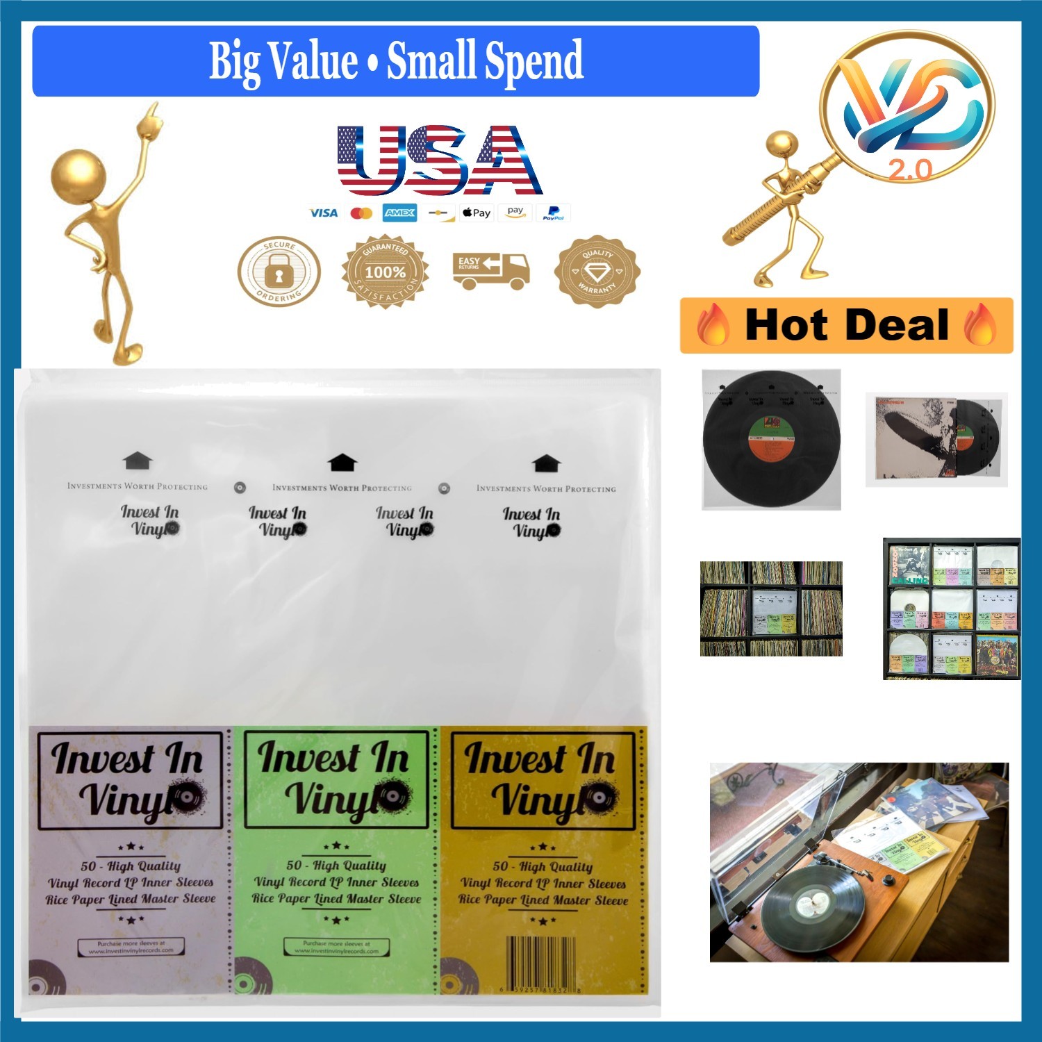 50 Pack White Rice Paper Anti-Static Record Sleeves for 12" Vinyl LPs