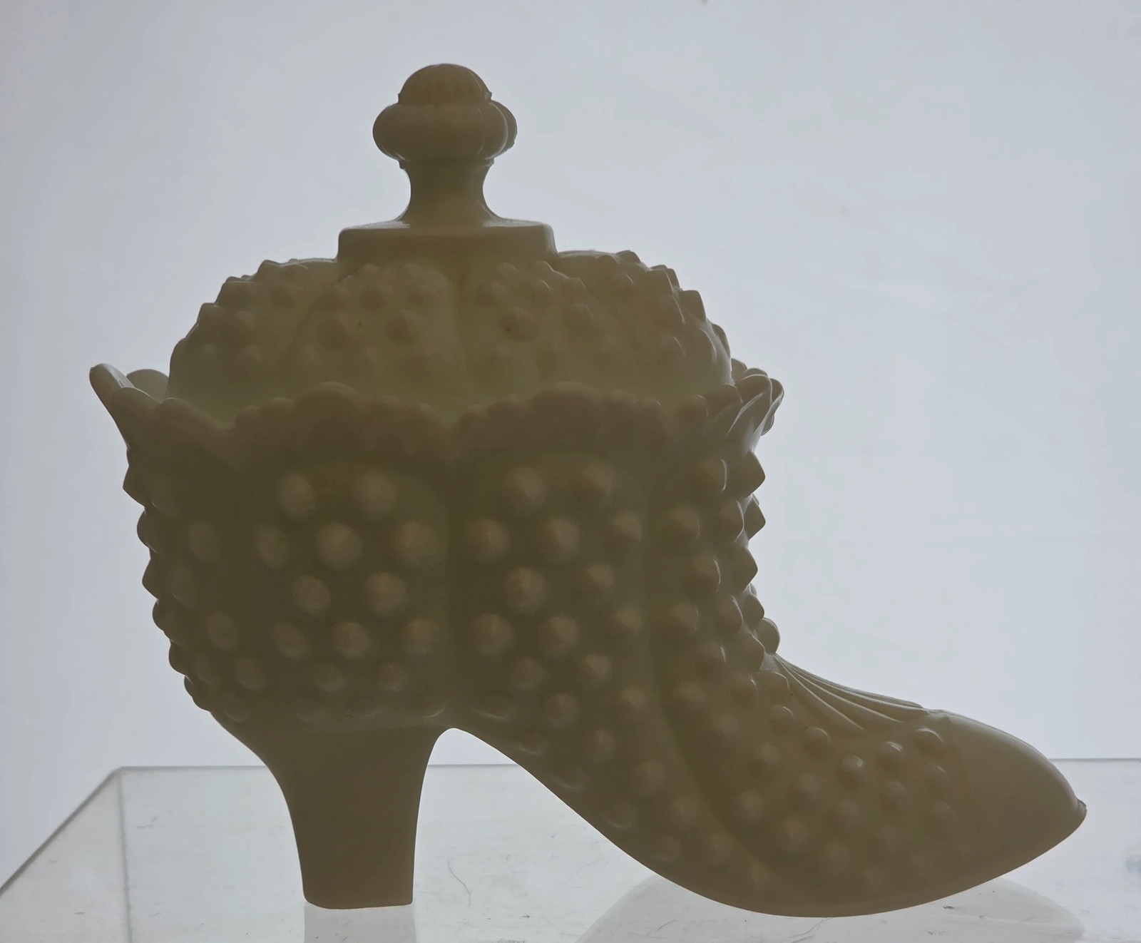 Fenton milk glass hobnail covered boot candy dish