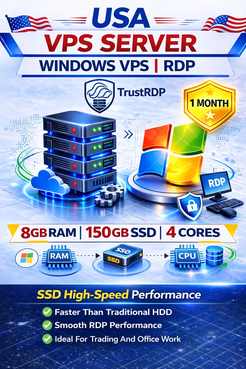 USA Windows VPS Server / RDP Server / Windows VPS Hosting - 8GB RAM + 150GB SSD