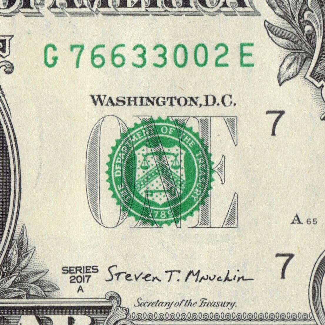 3 Consecutive Double 0s 3s 6s Fancy Serial Number $1 Dollar Bill G76633002E