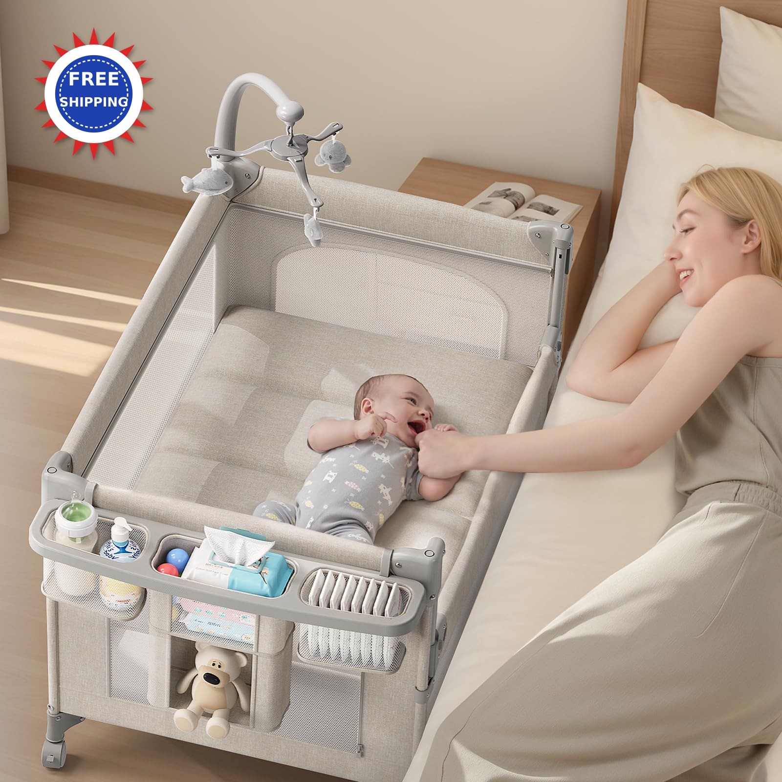 Baby Bassinet 4 in 1 Pack and Play Bedside Crib Sleeper Diaper Changer Portable