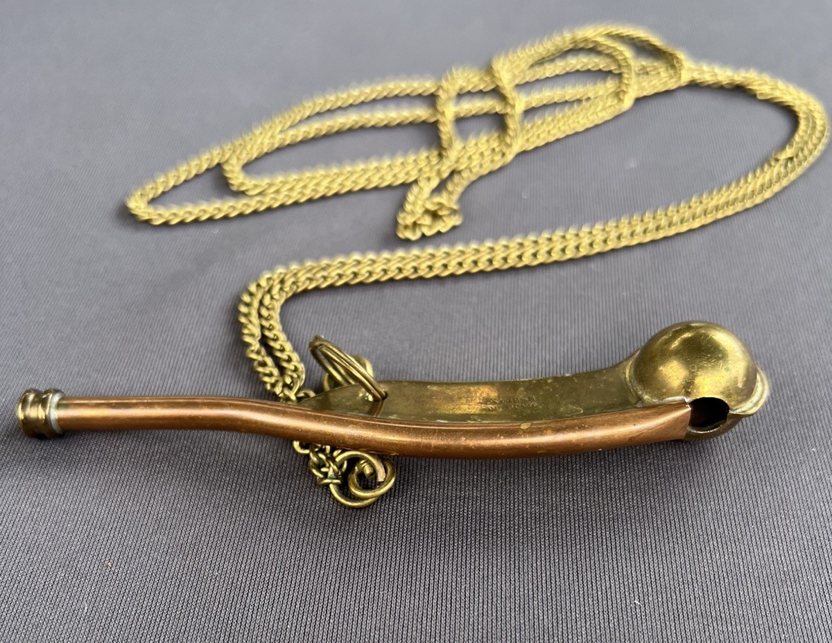 Antique British Navy Bosun’s Pipe Boatswain Whistle 25" Chain - England
