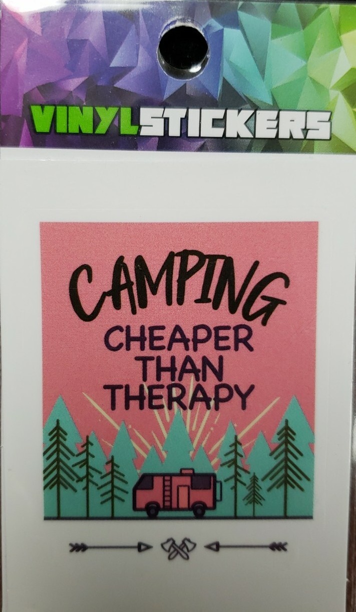 Camping Cheaper Than Therapy Vinyl Sticker Repositional Weather Resist 1¾"×2⅜"