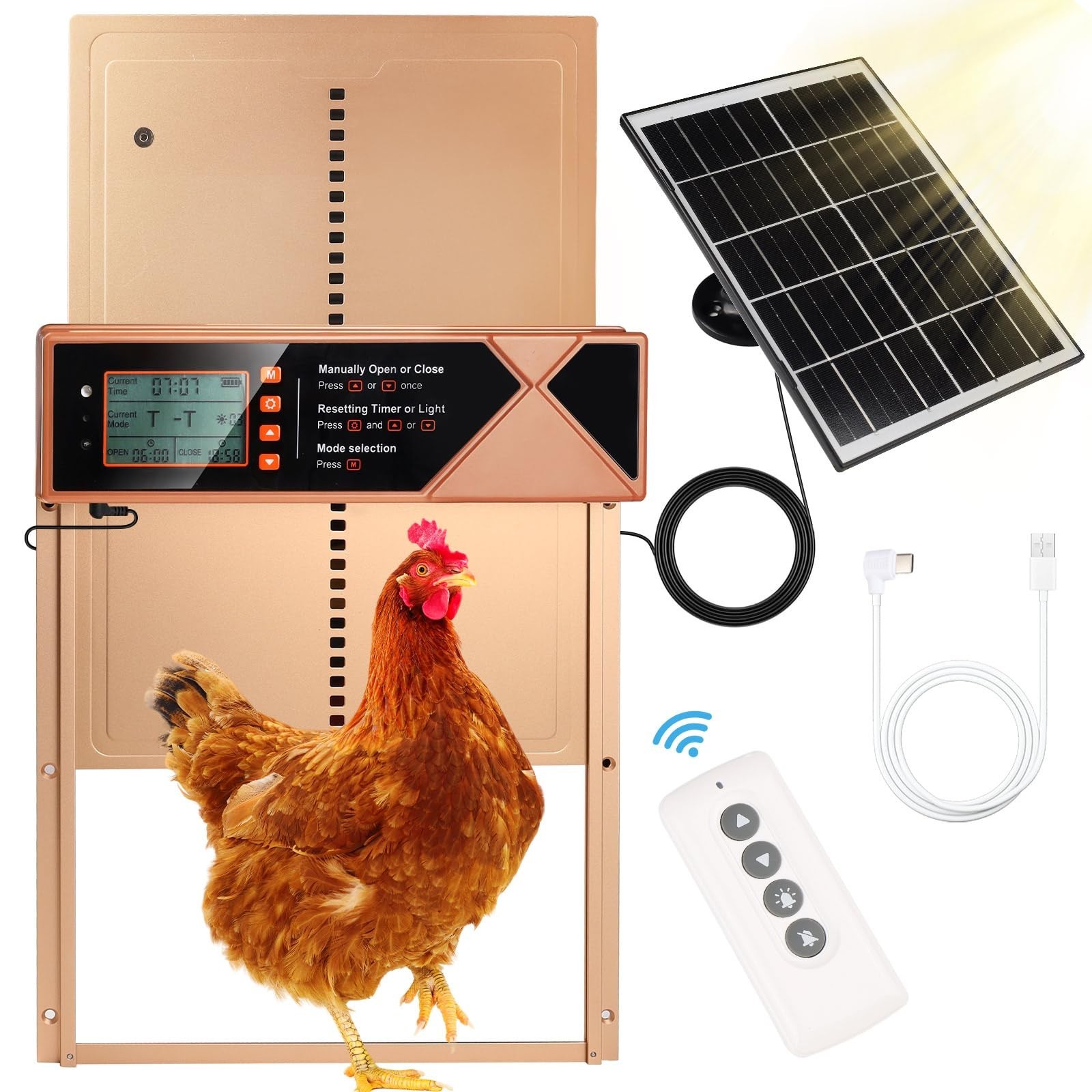 Automatic Chicken Coop Door Solar Powered, 4 Modes Automatic Chicken Door wit...
