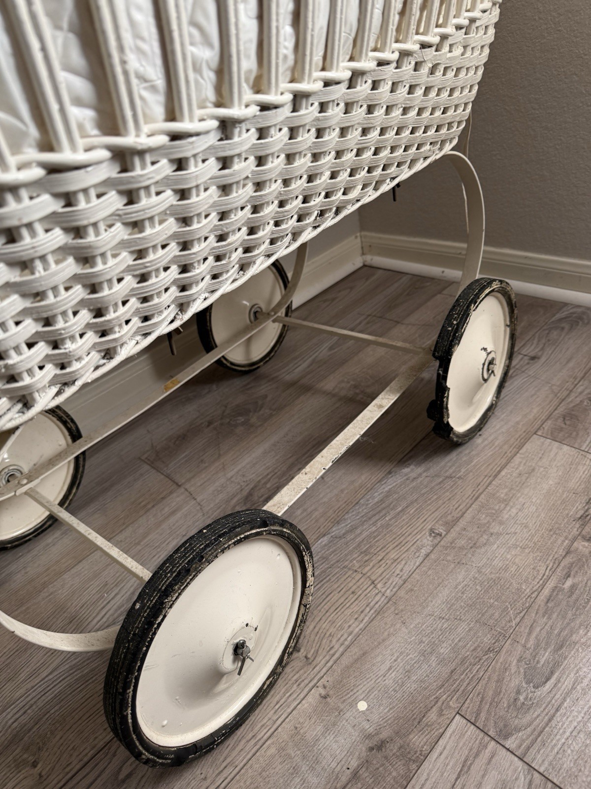 1930’s Antique Baby Bassinet  White Wicker
