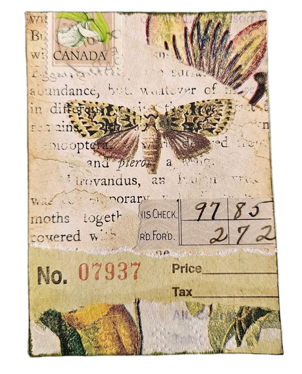 Mixed Media Collage ACEO Mini Art Card ATC Original VTG Botanical Butterfly 