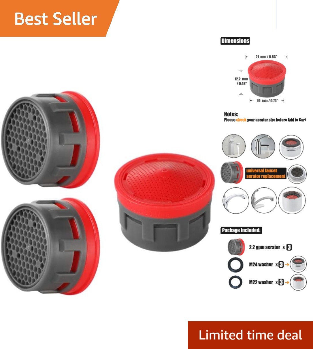 3-Pack 2.2 GPM Flow Restrictor Faucet Aerators - Eco-Friendly Water Efficiency