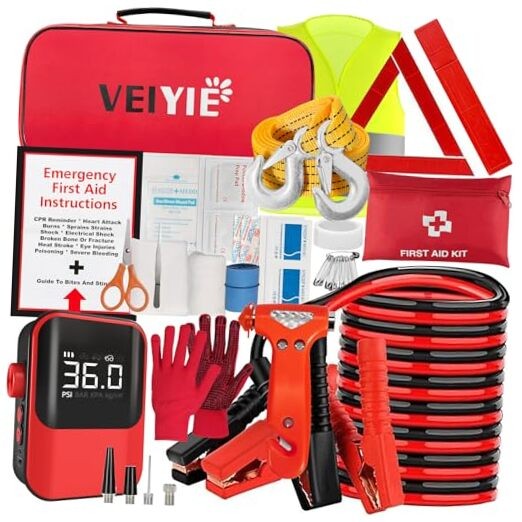 Roadside Emergency car kit for Vehicles, Car Essential Kit+Tire Inflator Red