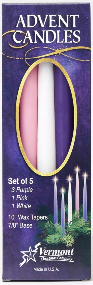Christmas Advent Candles (Set of 5) - 10" Wax Taper 10 inch, Purple,White 