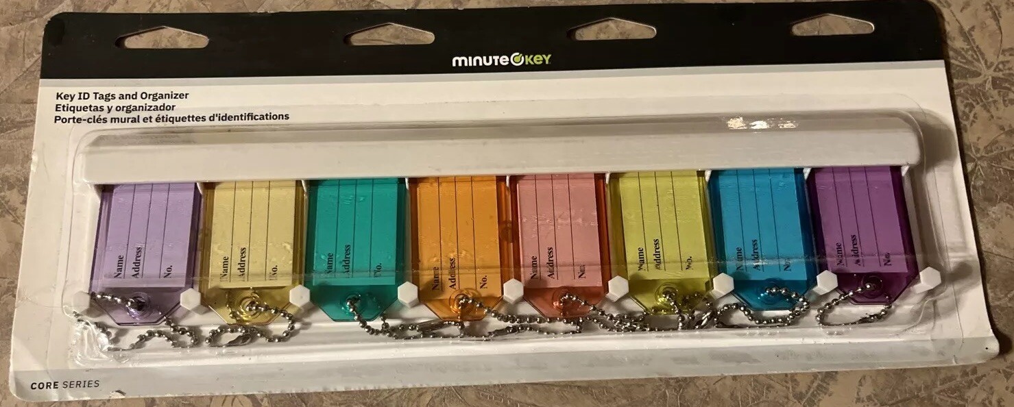 Hillman Group Set of 8 Key Ring ID Tags Holders and Organizer Rack