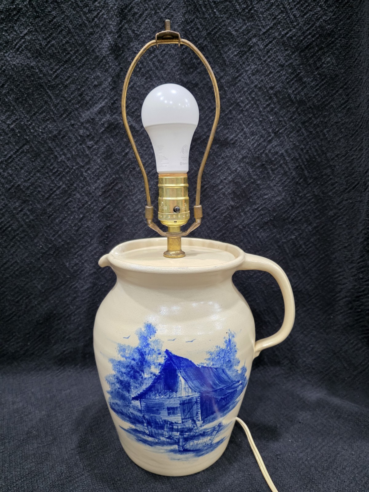 VTG Blue White Pottery Paul Storie Style Art Pitcher Lamp Farmhouse Decor Cabin