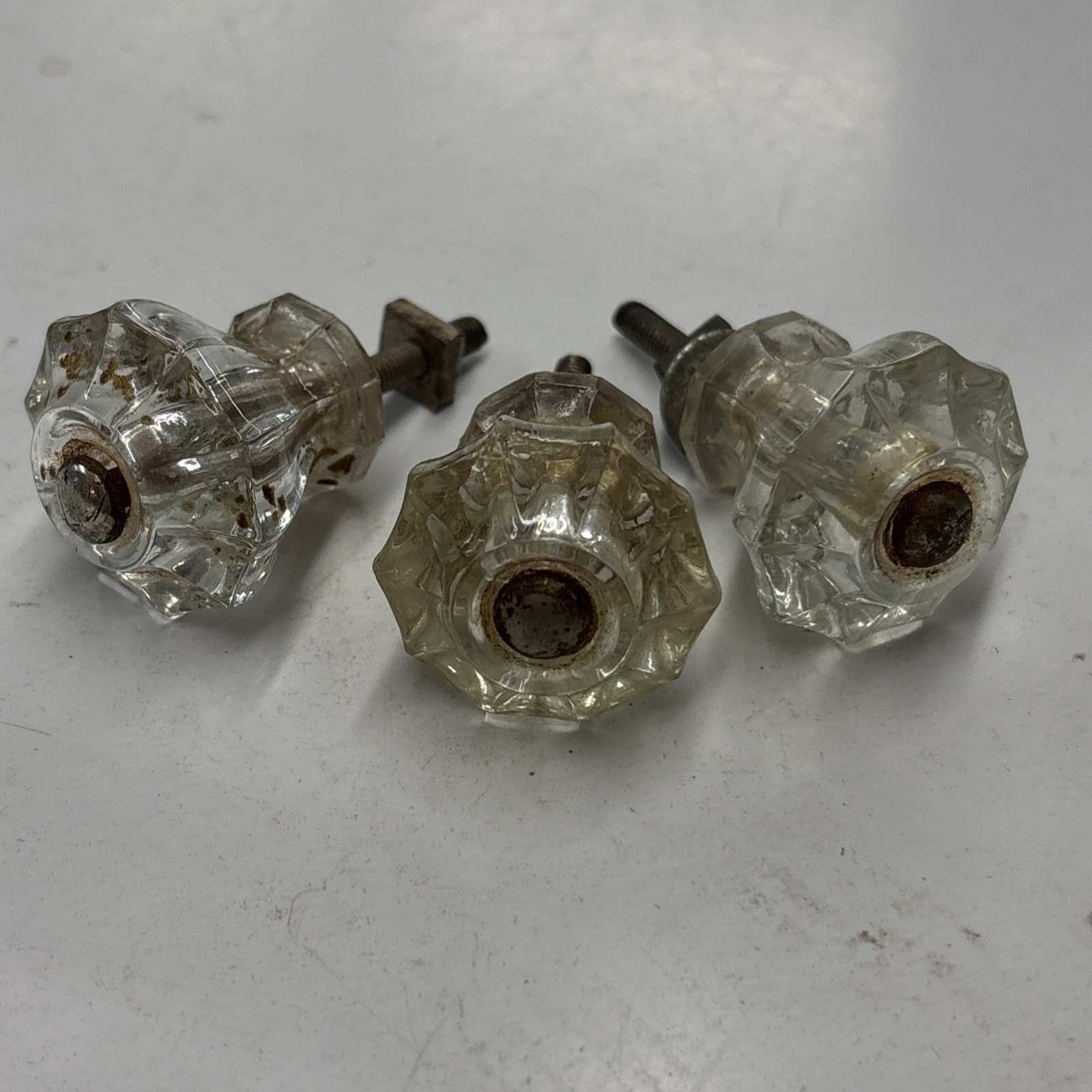 3 Vintage Salvaged Glass Drawer Pulls Knobs Dresser Cabinet Handles 12 Sides