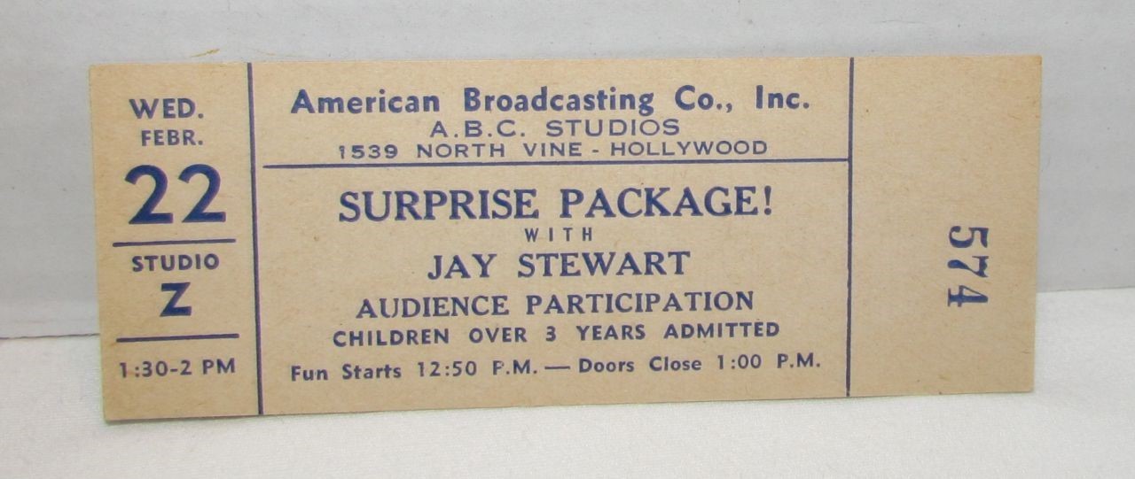 1950's ABC Radio Show Ticket: Surprise Package With Jay Stewart