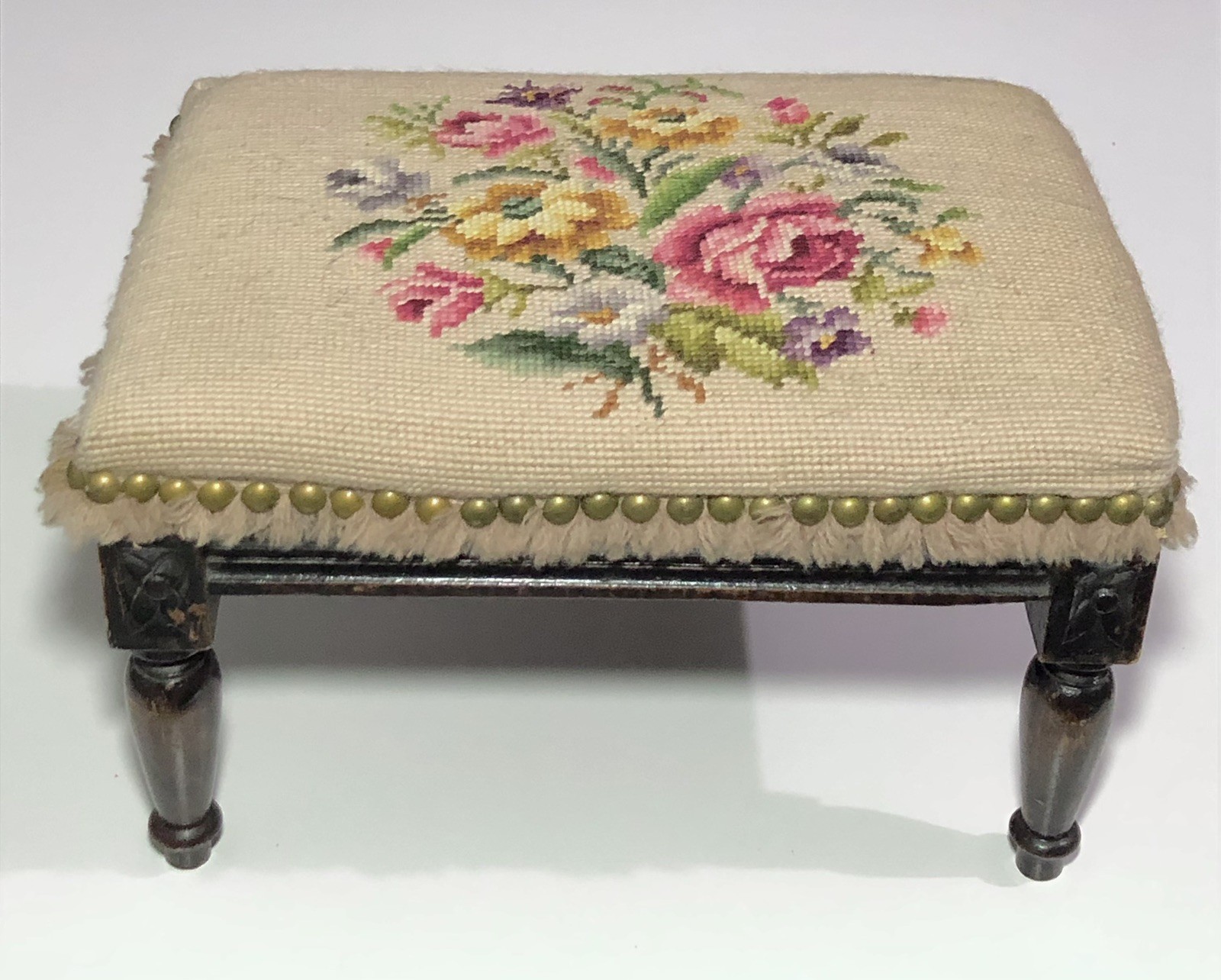 Antique French Louis XVI Style Floral Tapestry Footstool Needlepoint Fringe Stud