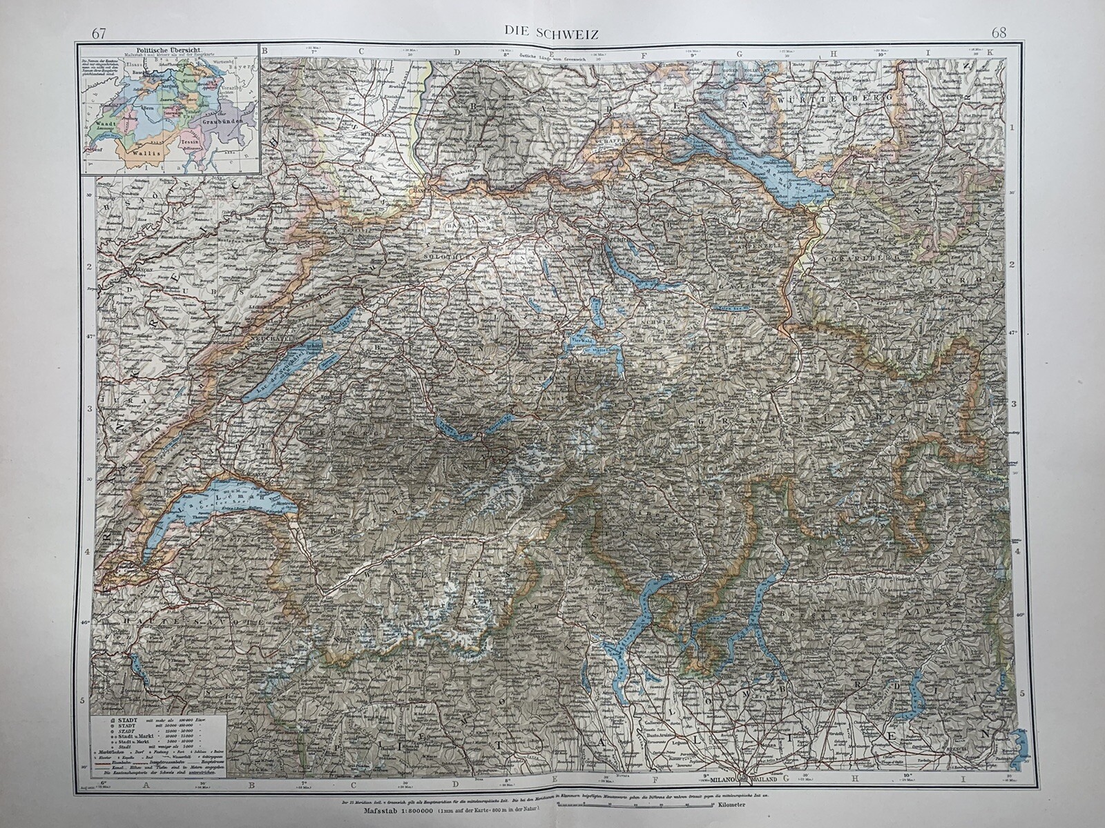 1899 Switzerland Original Antique Map by Richard Andree