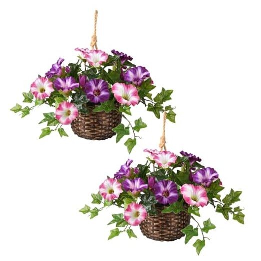 2 Set Artificial Outdoor Flowers with Hanging Basket, 2 Hanging Planters Violet