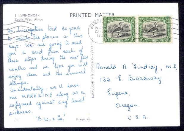 SOUTH WEST AFRICA 1957 BW&Co PHARMACEUTICAL PPC TO USA