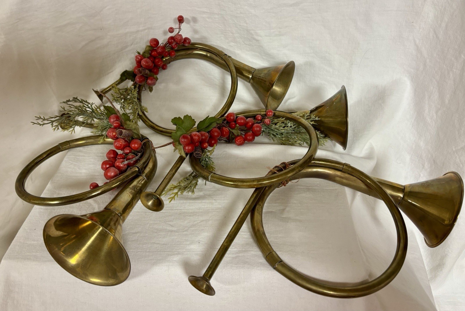 Set of 4 Vintage Solid Brass Decorative Horns, India, 12" by 7"