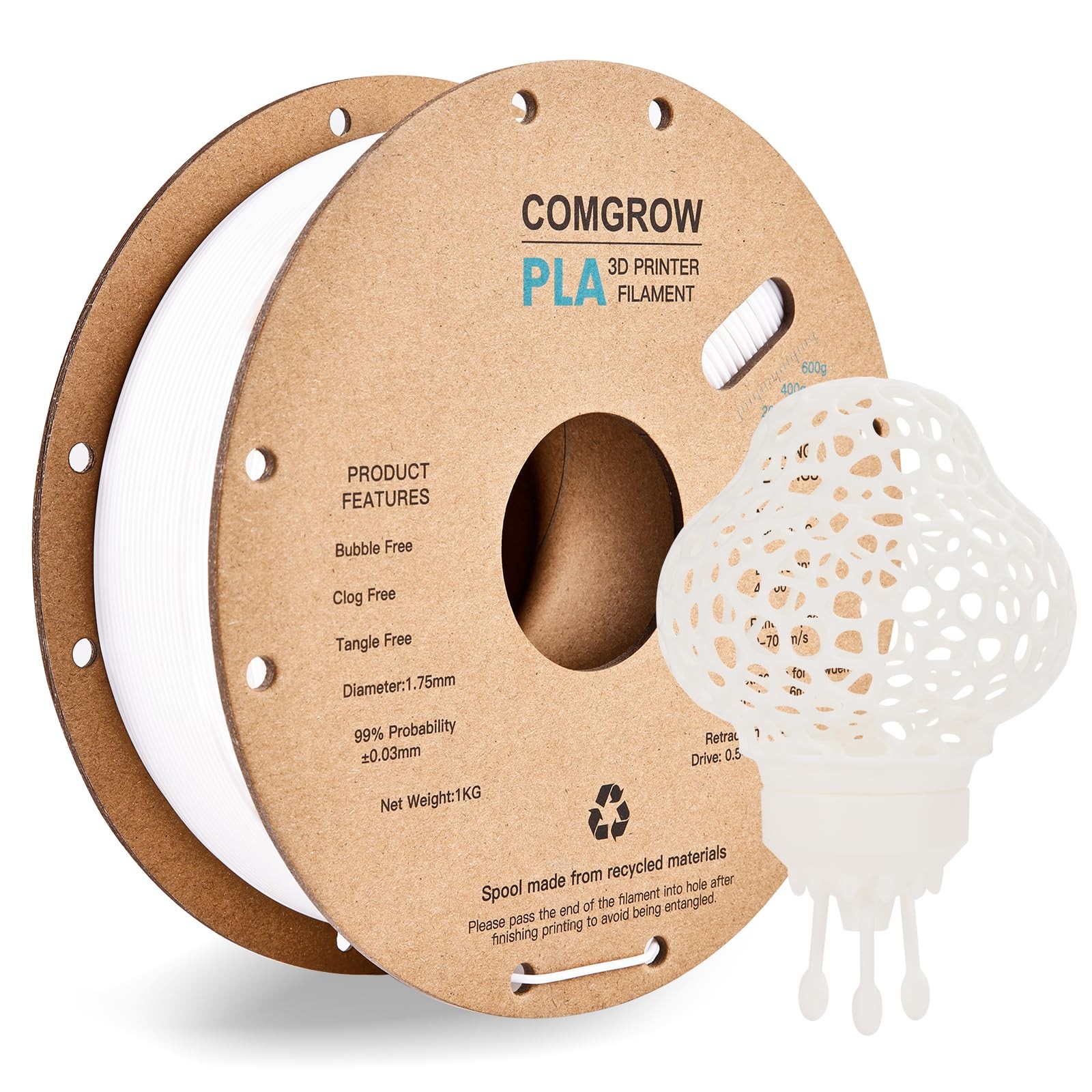 Comgrow PLA 3D Printer Filament, Filament 1.75mm, 1 kg, White 