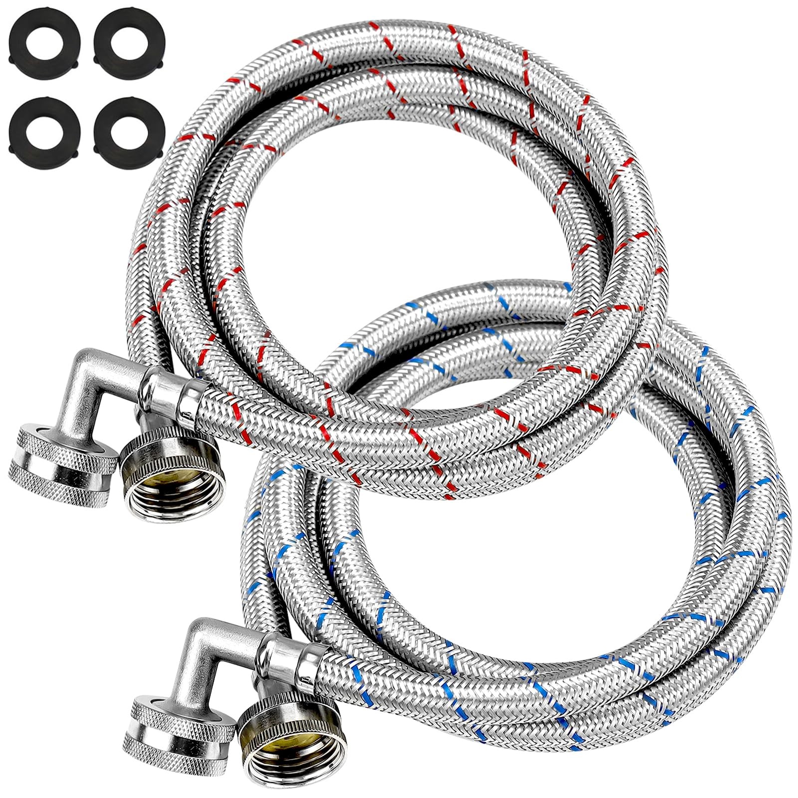 6FT Washer Stainless Steel Hoses with 90 Degree Elbows by - Burst Proof 3/4" ...