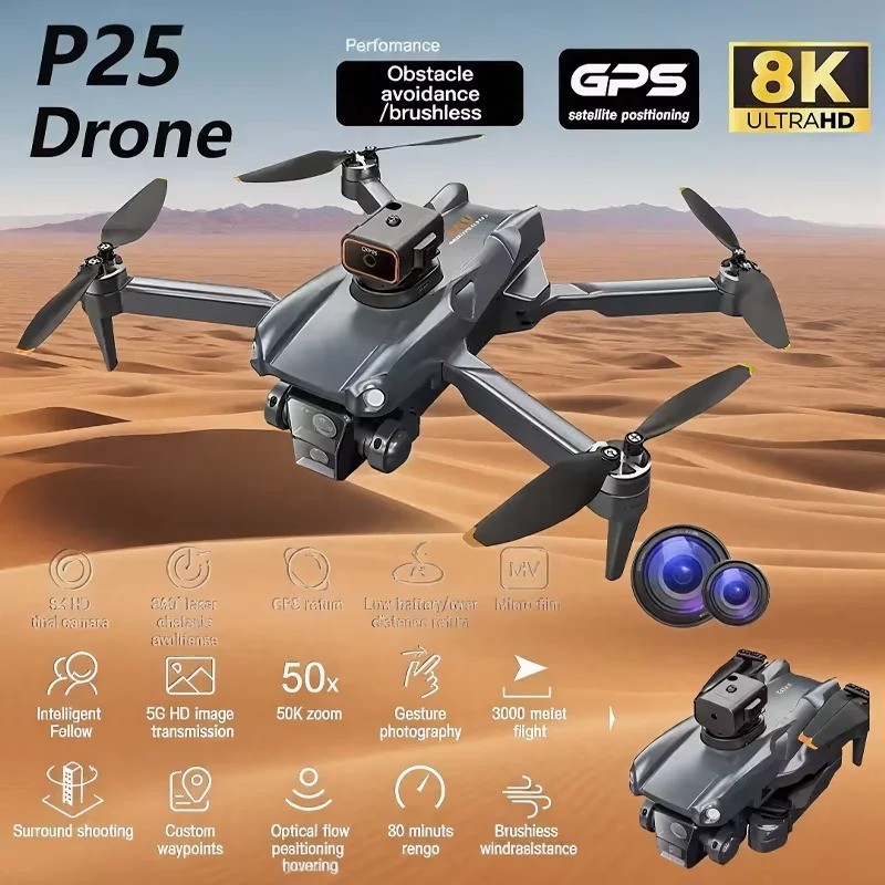 8K Dual Camera Drone Foldable Quadcopter P25 Brushless RC 360° Obstacle Avoidanc