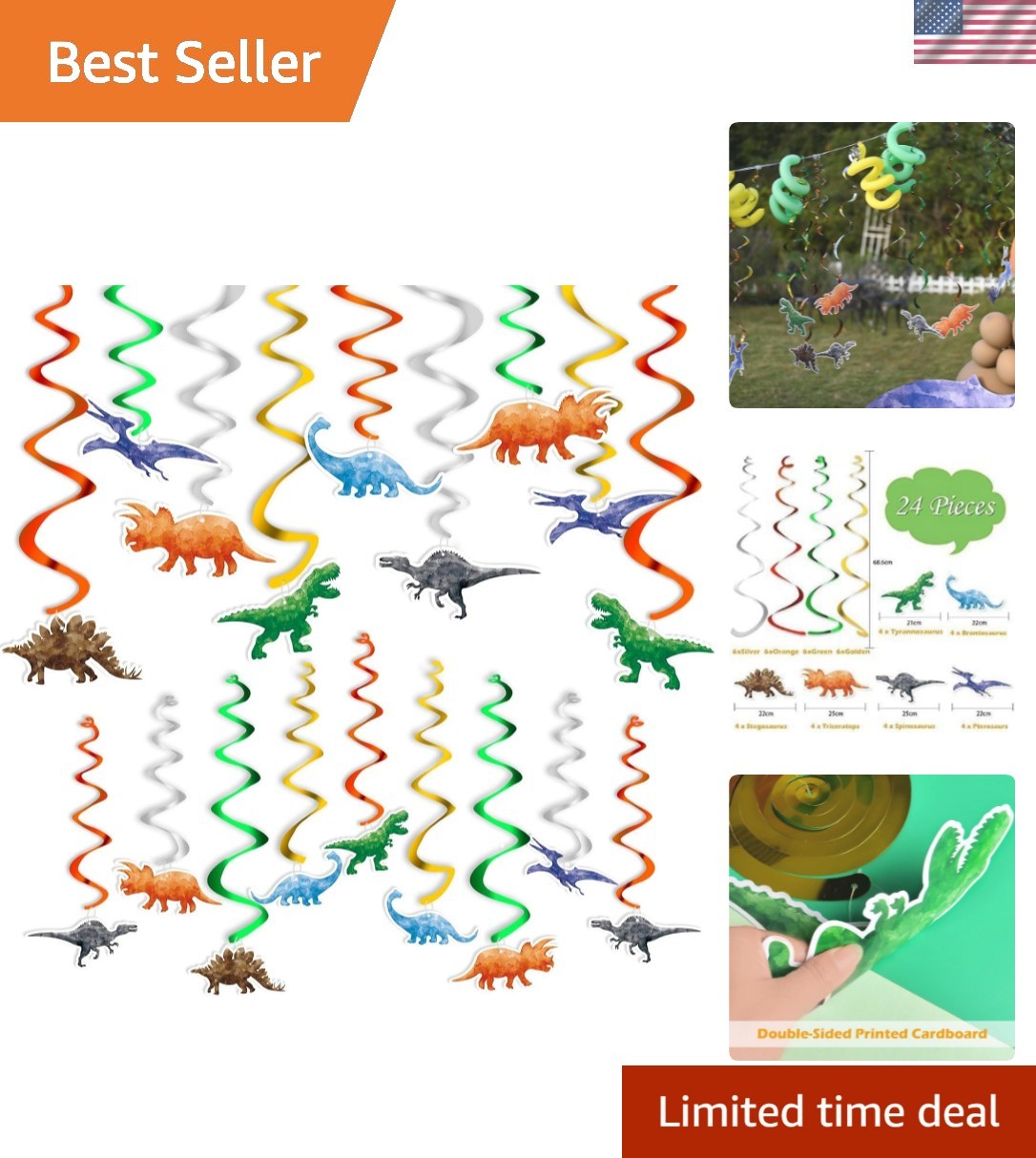 Watercolor Dinosaur Hanging Swirl - 24PCS Dinosaur Party Decorations for Boys...