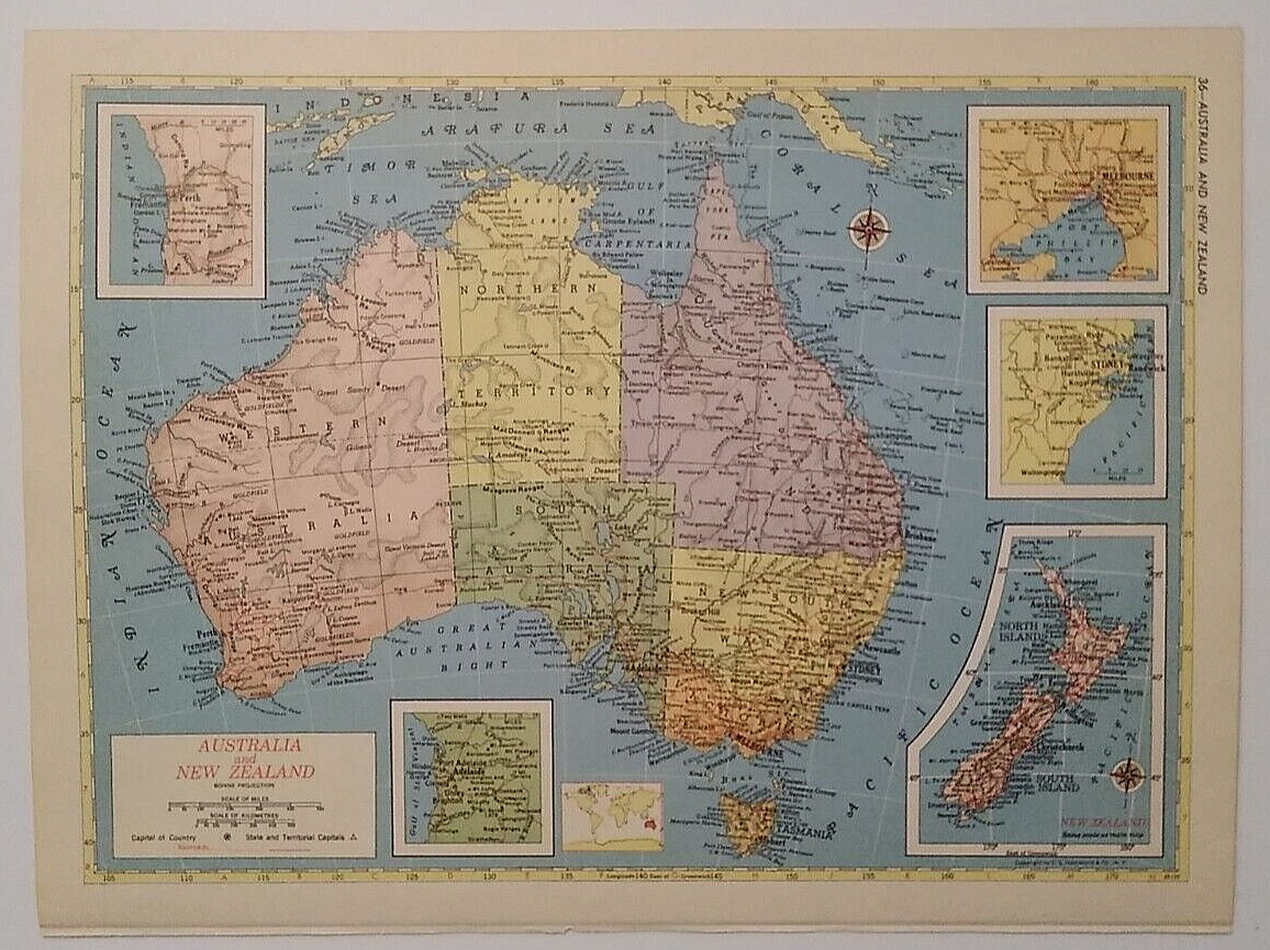1956 Antique AUSTRALIA & NEW ZEALAND Atlas Map Hammond's Reference World Atlas