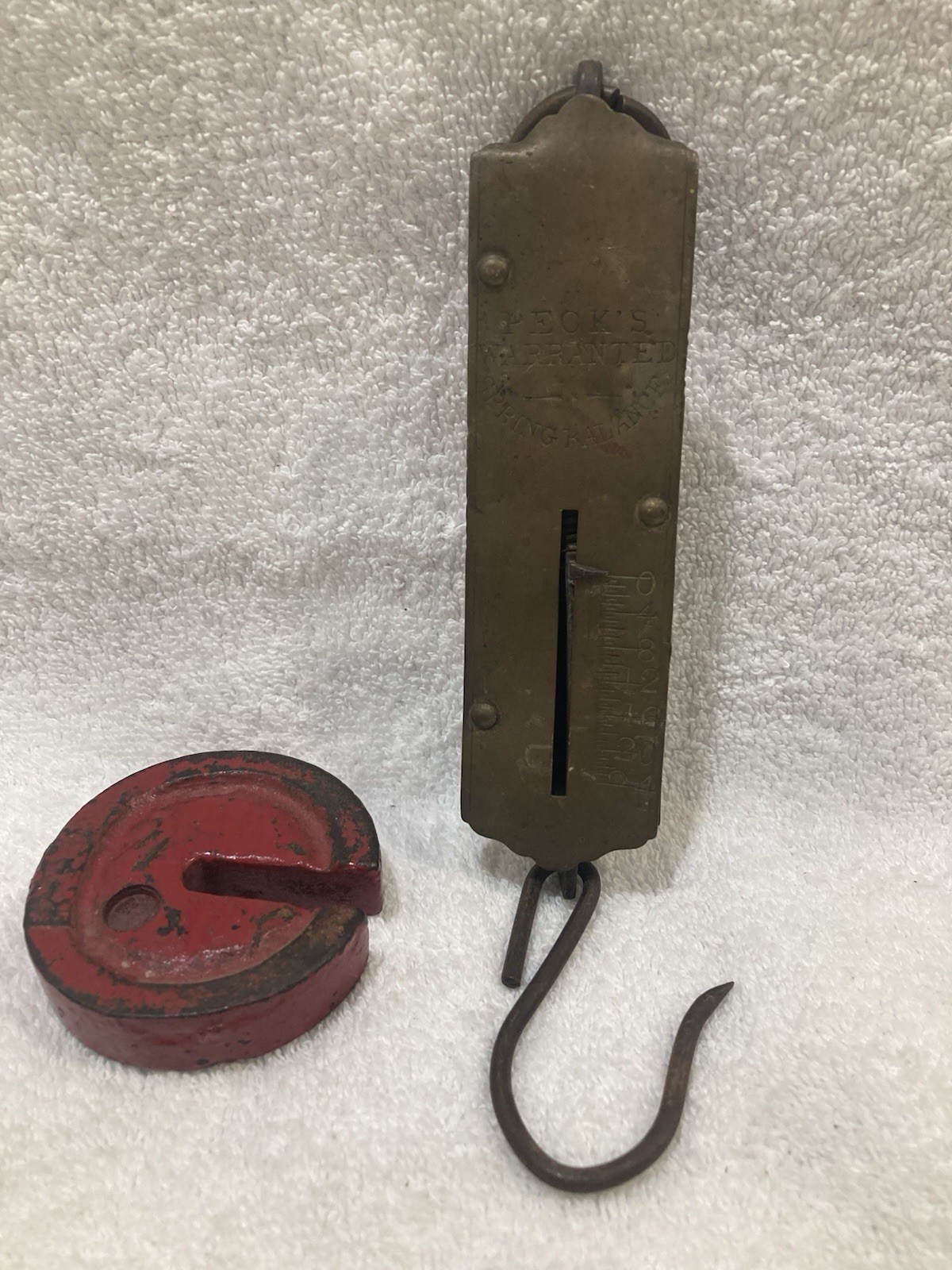 Vintage/Antique Peck’s Warranted Spring Balance 25 Lb. Scale Brass w/Hook