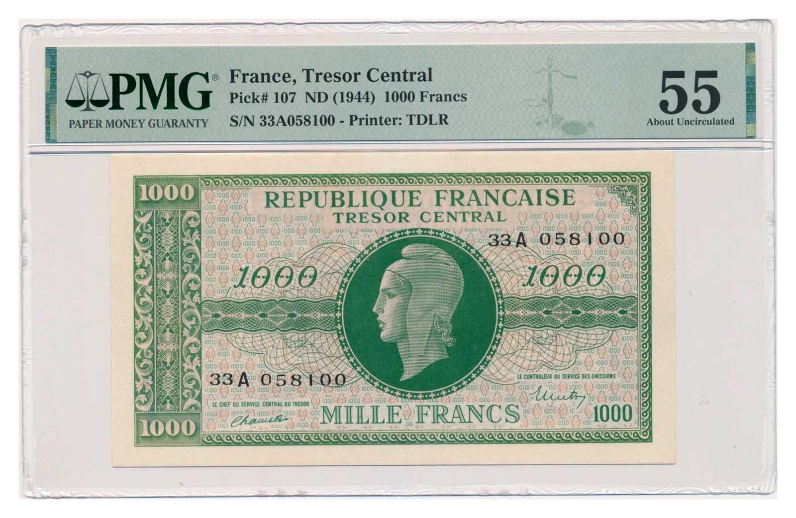 FRANCE banknote 1000 Francs 1944 PMG AU 55 About Uncirculated