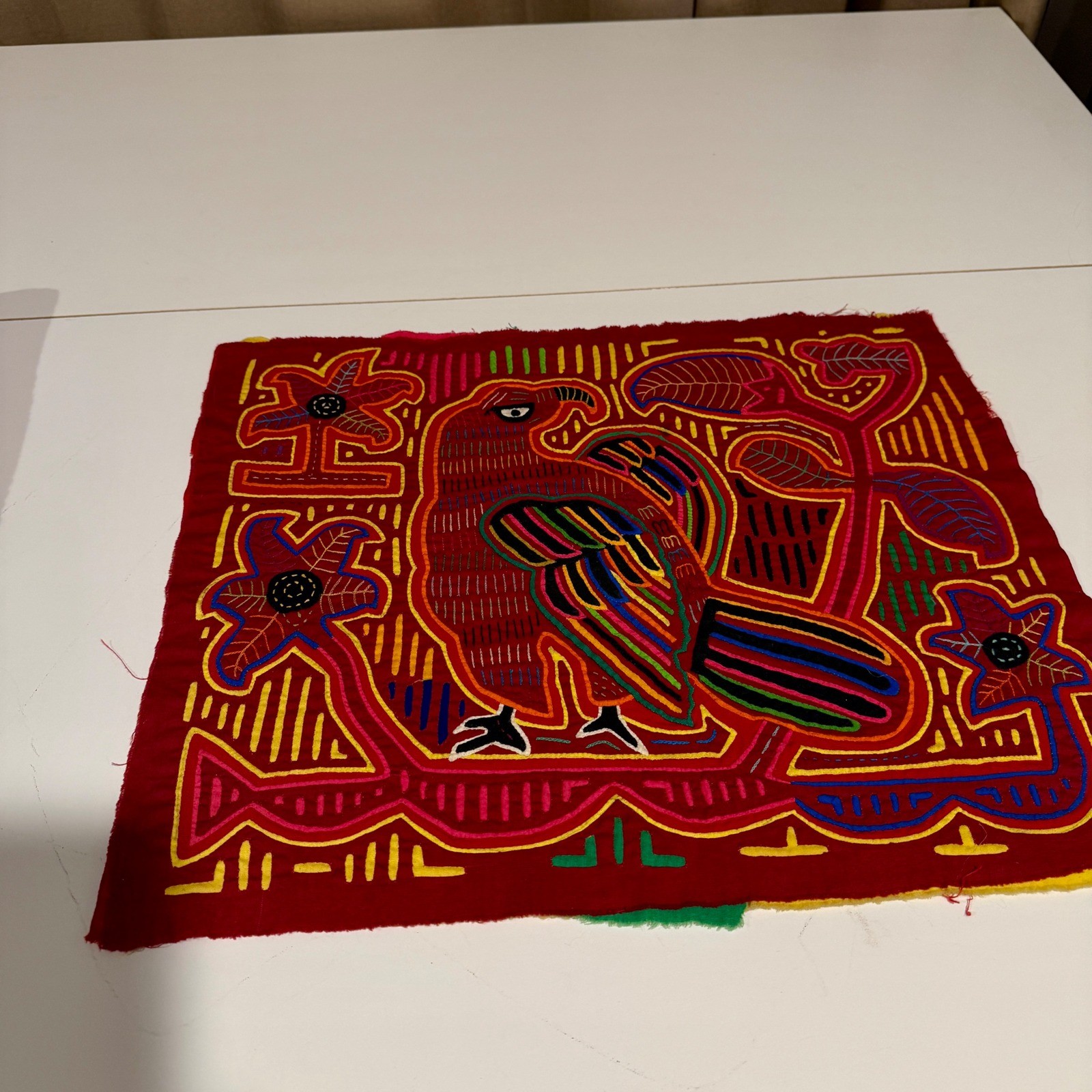 Mola Art Textile Panel Eagle Floral Design Handmade Folk Art Wall Hanging