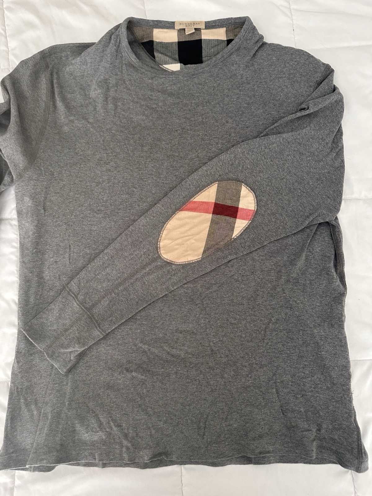 Burberry Brit Men's Gray Plaid Patch Pullover Sweater Crew Neck Size L