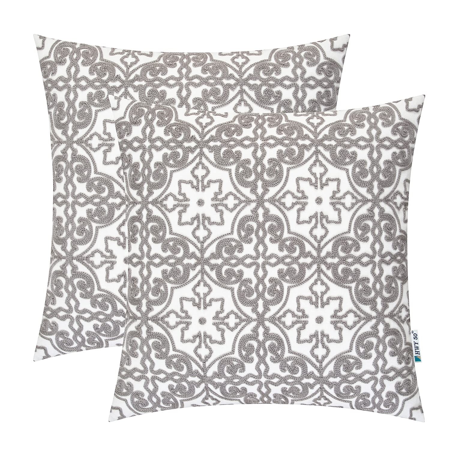 Grey Gray Decorative Throw Pillow Covers 18x18 Inch, Pack of 2 Embroidered Co...