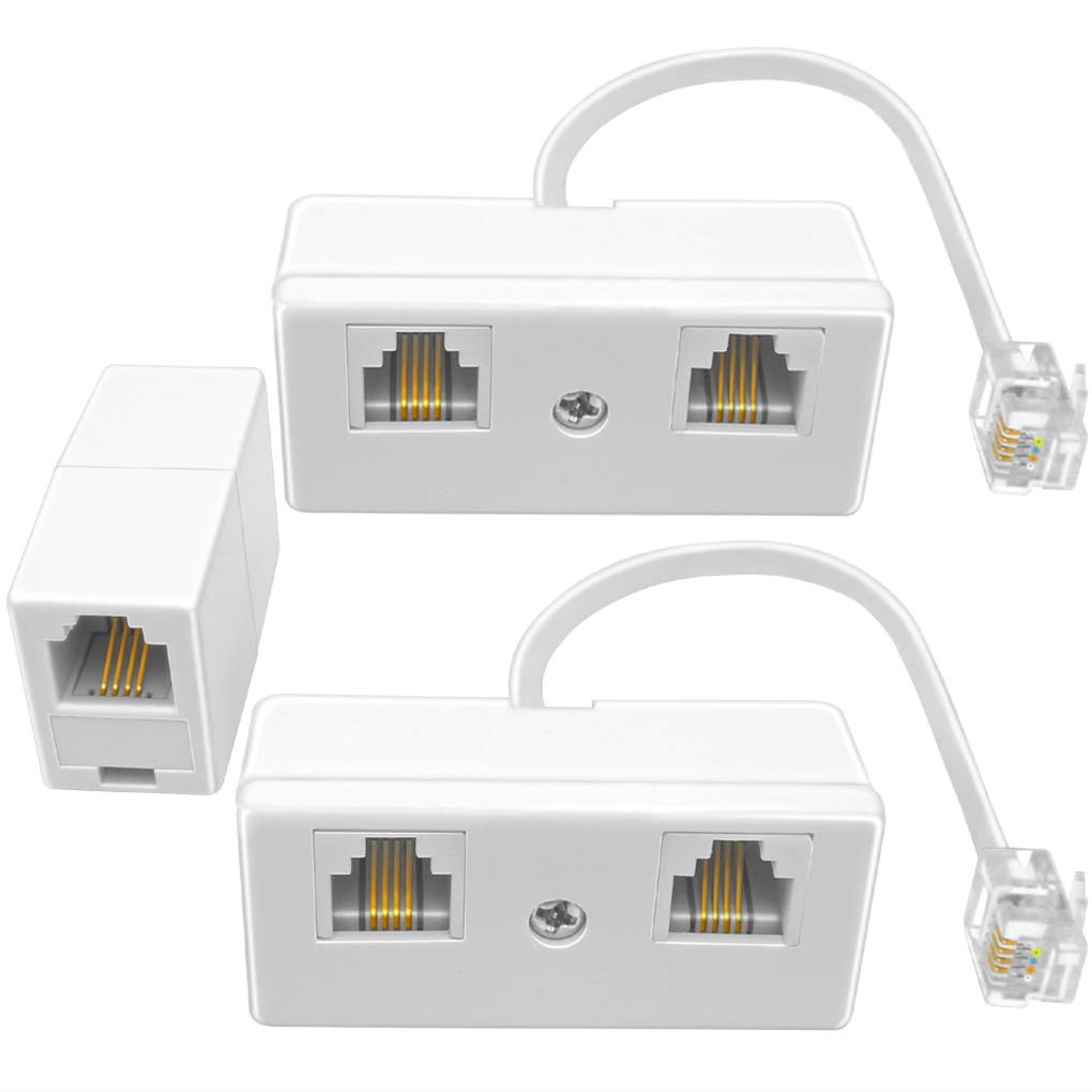 NECABLES 2+1Pack 2pcs Phone Jack Splitter 1 to 2 RJ11 6P4C 1 1 2, White 