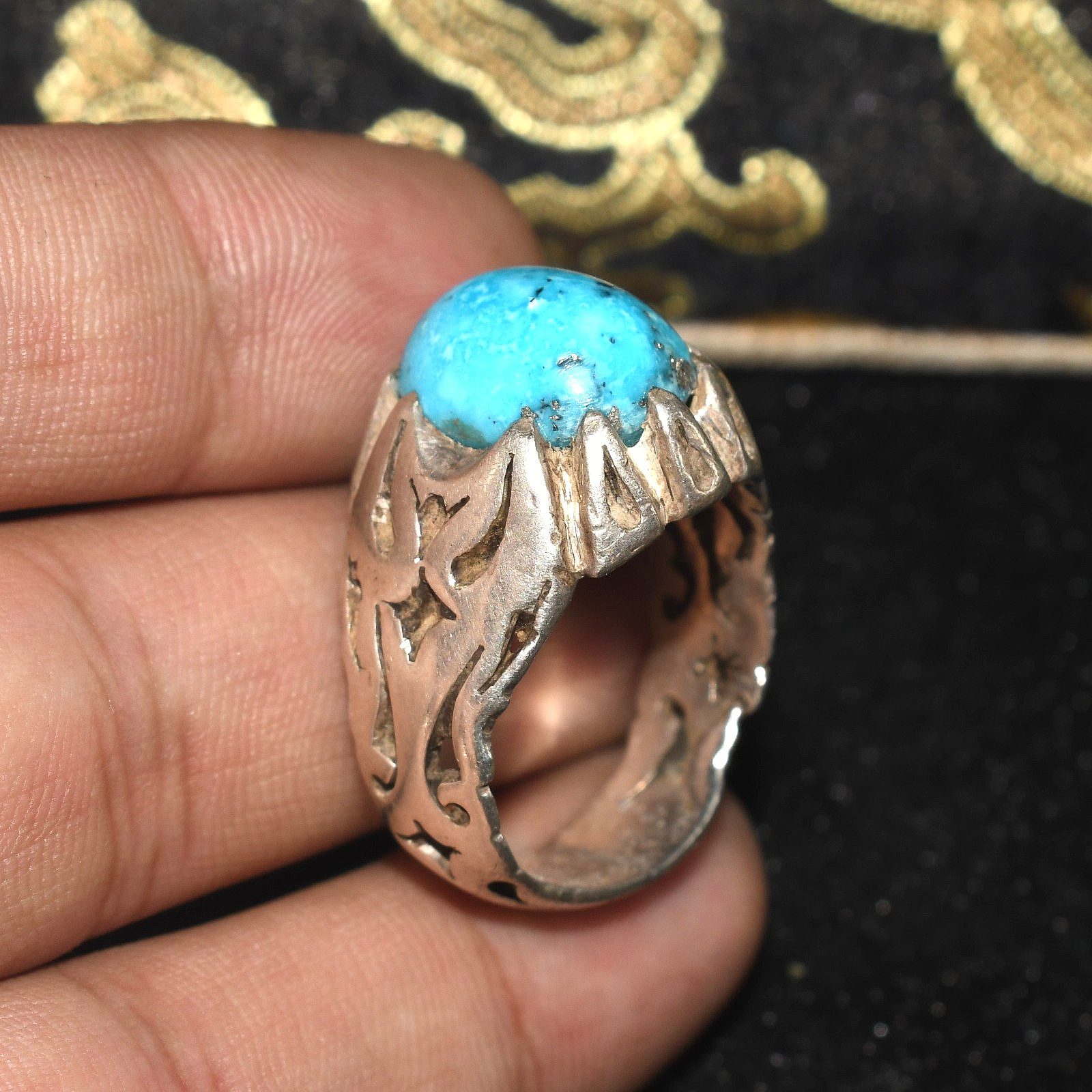 Genuine Antique Old Near Eastern Turquoise Stone Solid Silver Ring
