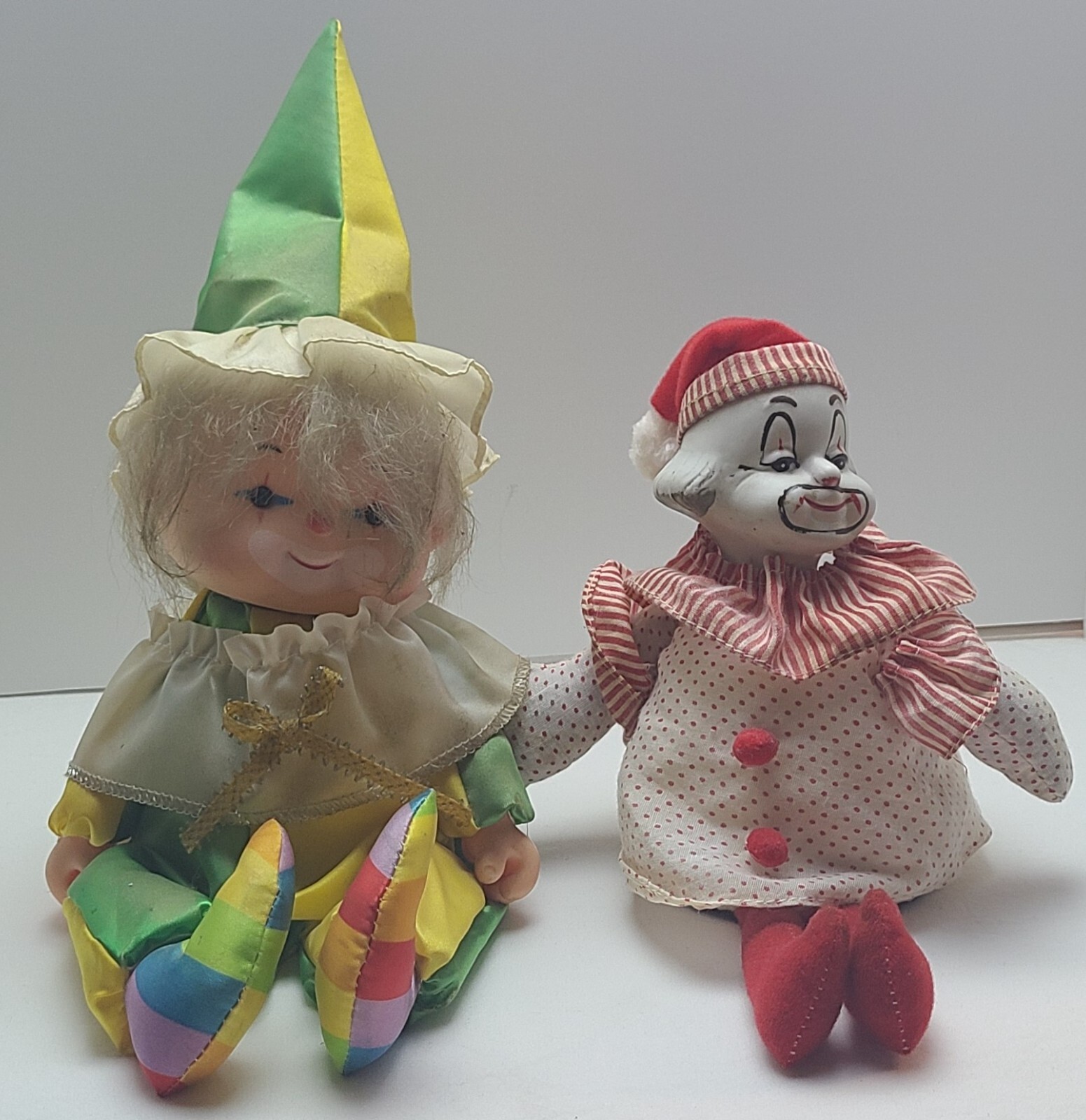 2 Porcelain & Plastic Clown Dolls  Wind Up Musical  Vintage  WORKS