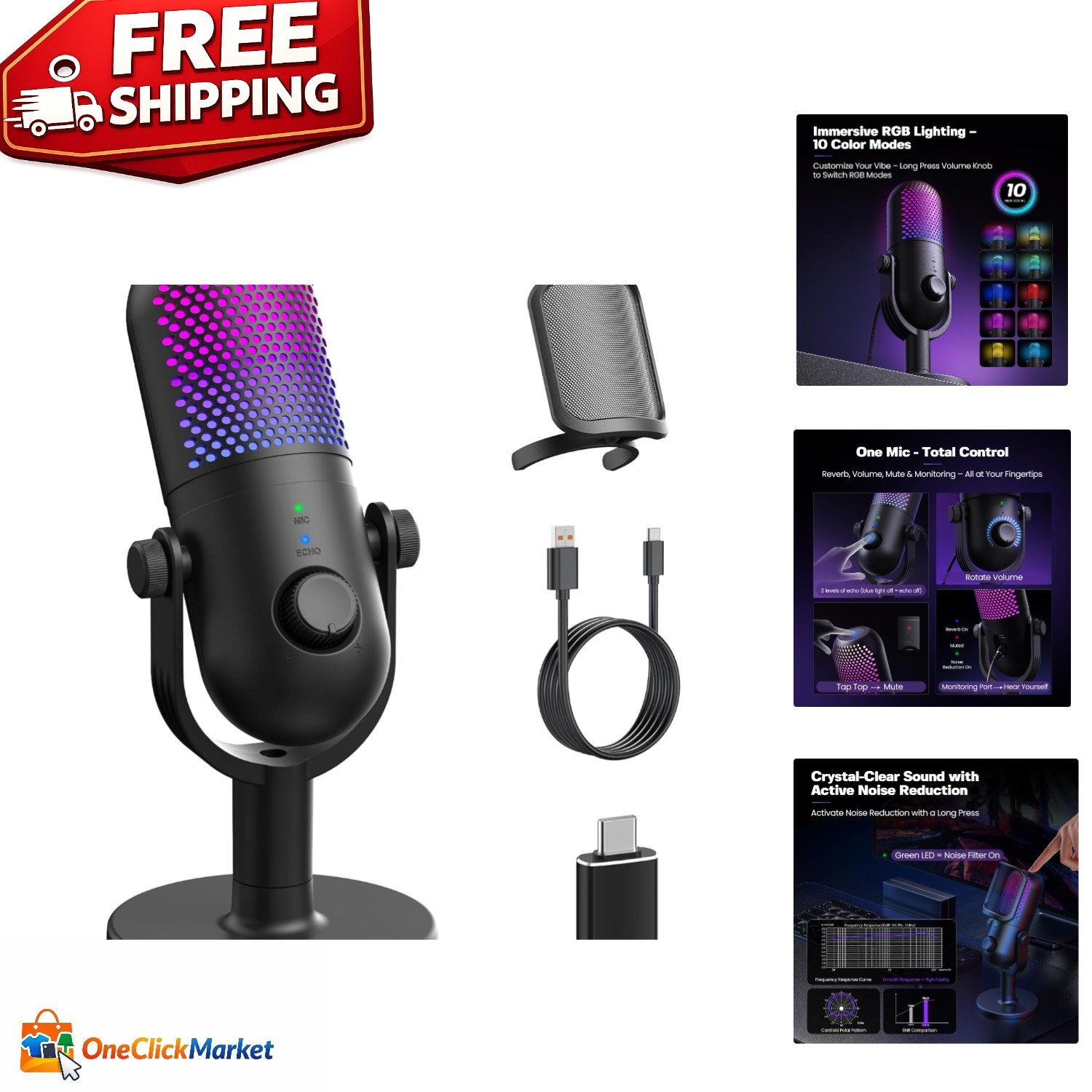 USB RGB Condenser Microphone for Gaming & Streaming - Quick Mute & Monitor