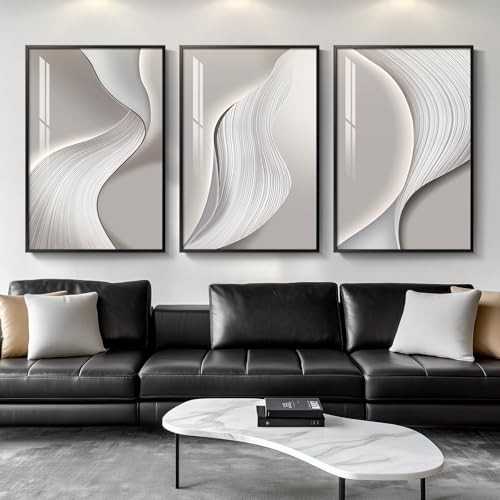 Large Framed Modern Abstract Wall Art for 24" W x 36" H x 3Pcs Grey Melody