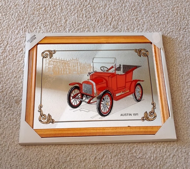 Vtg Red Classic Car Mirror Framed Picture Made In Hong Kong 1980s New