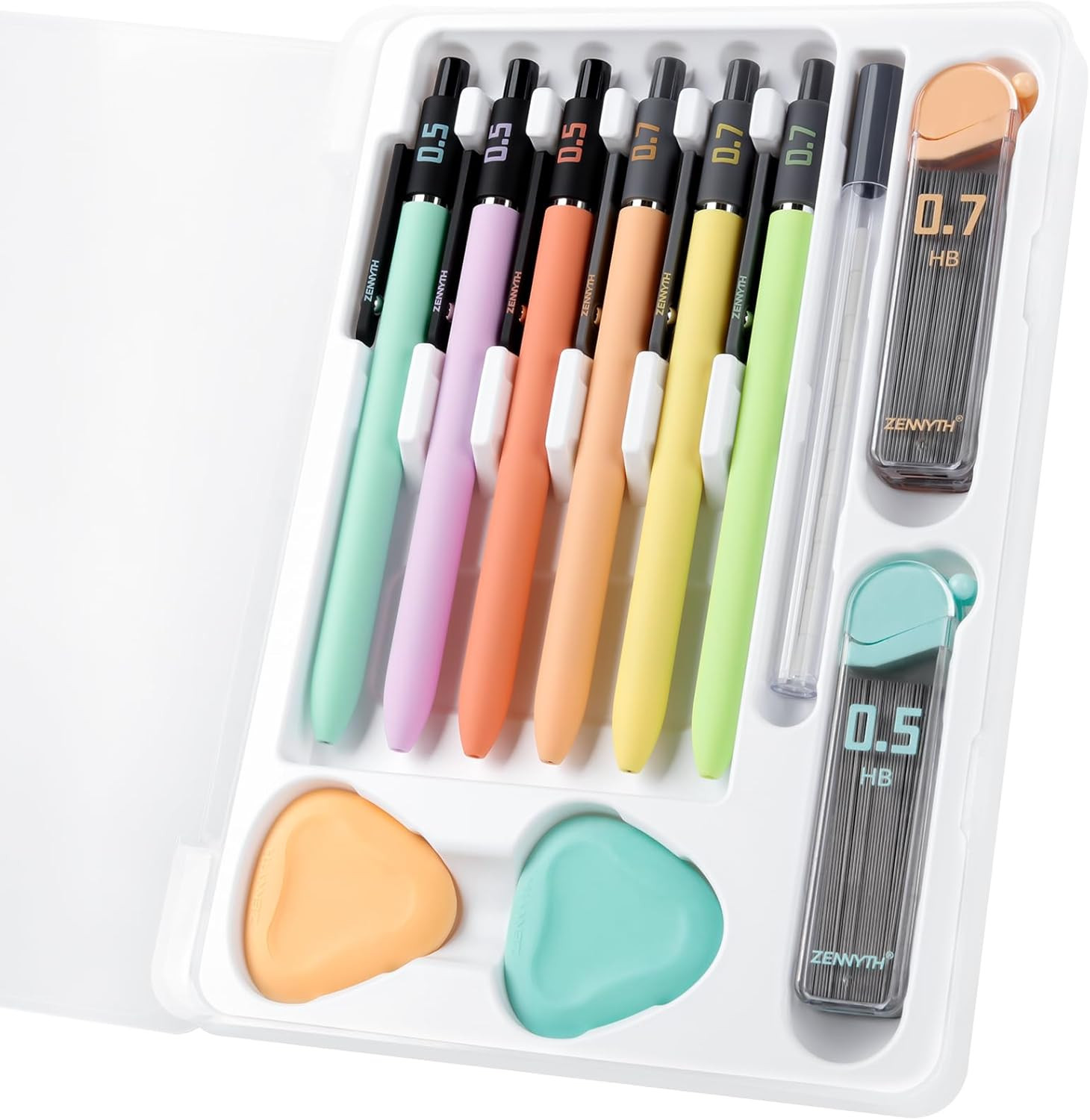 Smooth Mechanical Pencil Set with Erasers, 6PCS Pastel Mechanical Pencils 0.5 & 