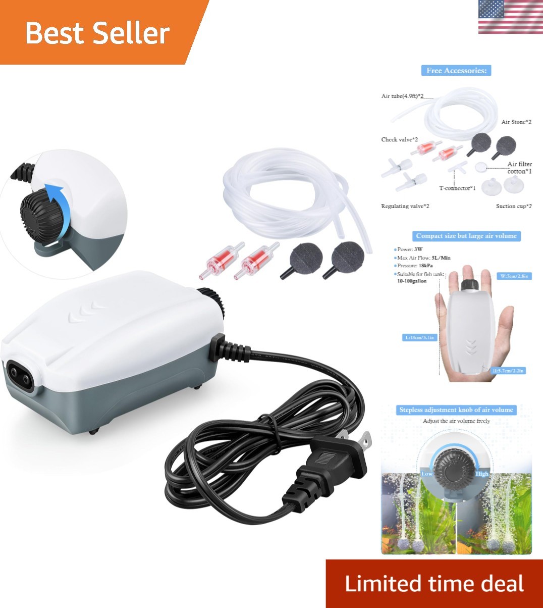 Durable Aquarium Air Pump with Adjustable Flow - Ideal for 20-100 Gal Tanks